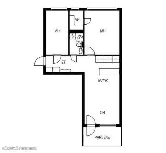 3h+avok+vh+kph+et+p (yhtiöj. mukaan 2h+k)  Helsinki