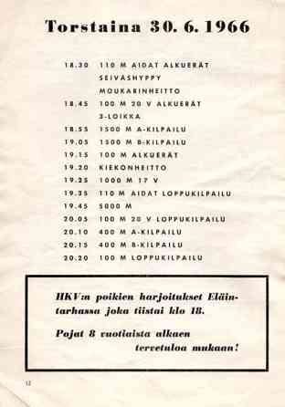 Hannes Kolehmaisen muistokisat 1966 Käsi ohjelma Tuusula