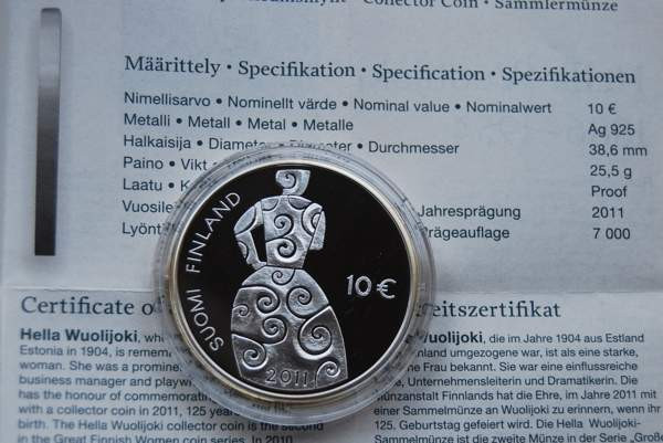 Suomi 2011 10 € Hella Wuolijoki HOPEA PROOF Helsinki - valokuva 3