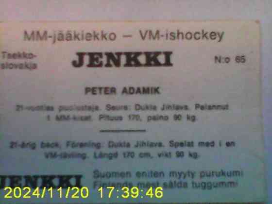 MM-jääkiekko Helsinki 1974 Jenkki purkkakuva N:o 65 Peter Adamik Helsinki