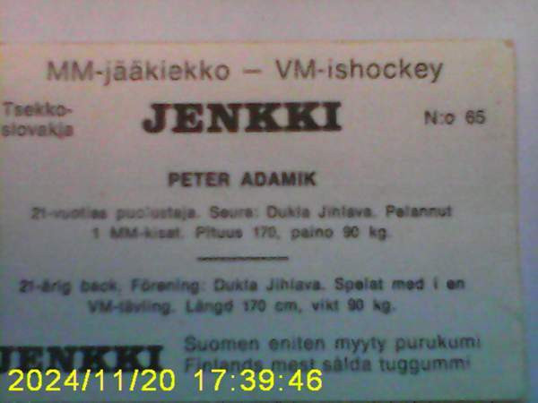 MM-jääkiekko Helsinki 1974 Jenkki purkkakuva N:o 65 Peter Adamik Helsinki - изображение 2