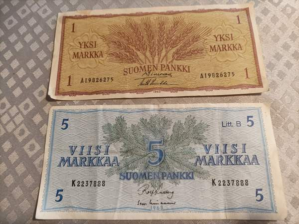 1963 vuoden ,1 markan ja 5 markan seteli Tervola - photo 2
