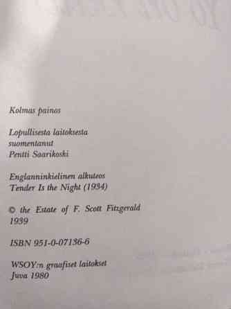 Yö on gellä - F. Scott Fitzgerald (kunto hyvä) Rovaniemi
