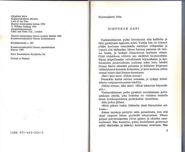 William Golding: Kärpästen herra. SSKK 1984. Espoo – foto 2