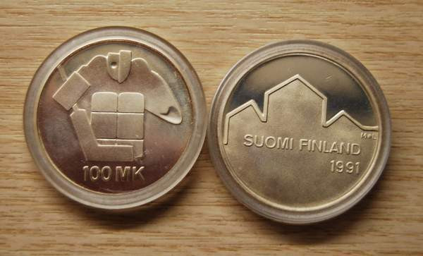 100 Markkaa 1991 Jääkiekon MM-kilpailut Hopeaa Helsinki - valokuva 1